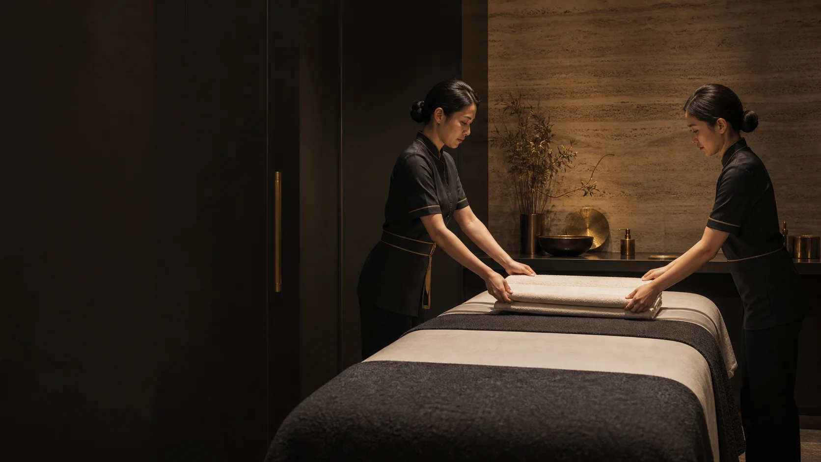 Two spa professionals arranging towels together in a prepared treatment suite