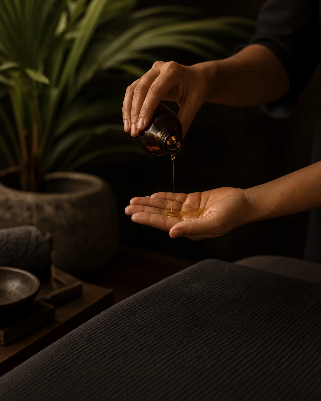 A therapist pouring botanical massage oil into one palm