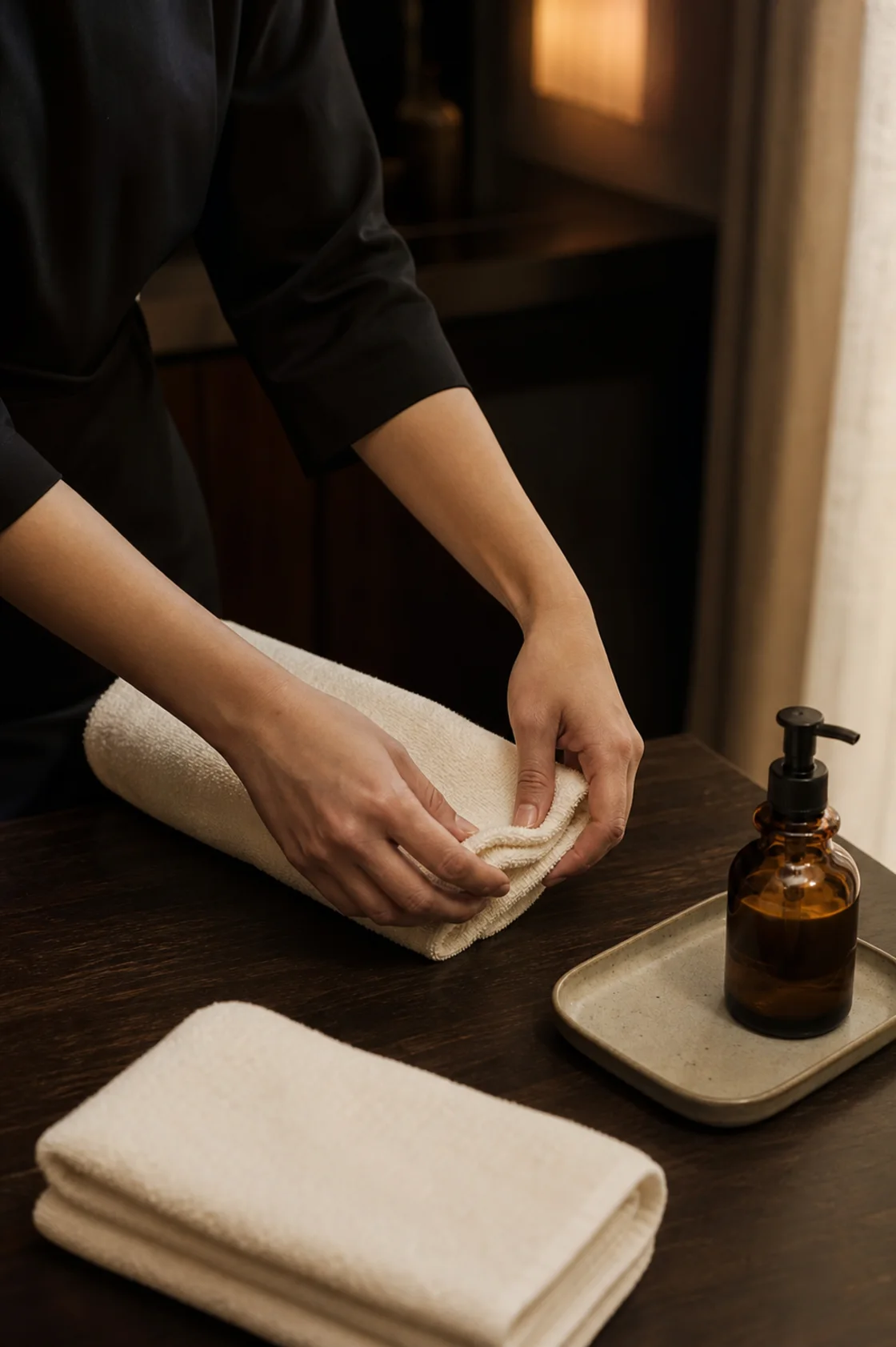 A spa attendant preparing fresh towels for a professional appointment