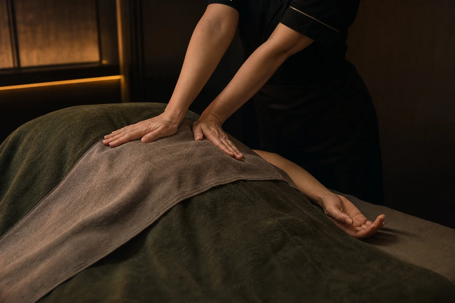 A therapist adjusting pressure during a professionally draped back massage