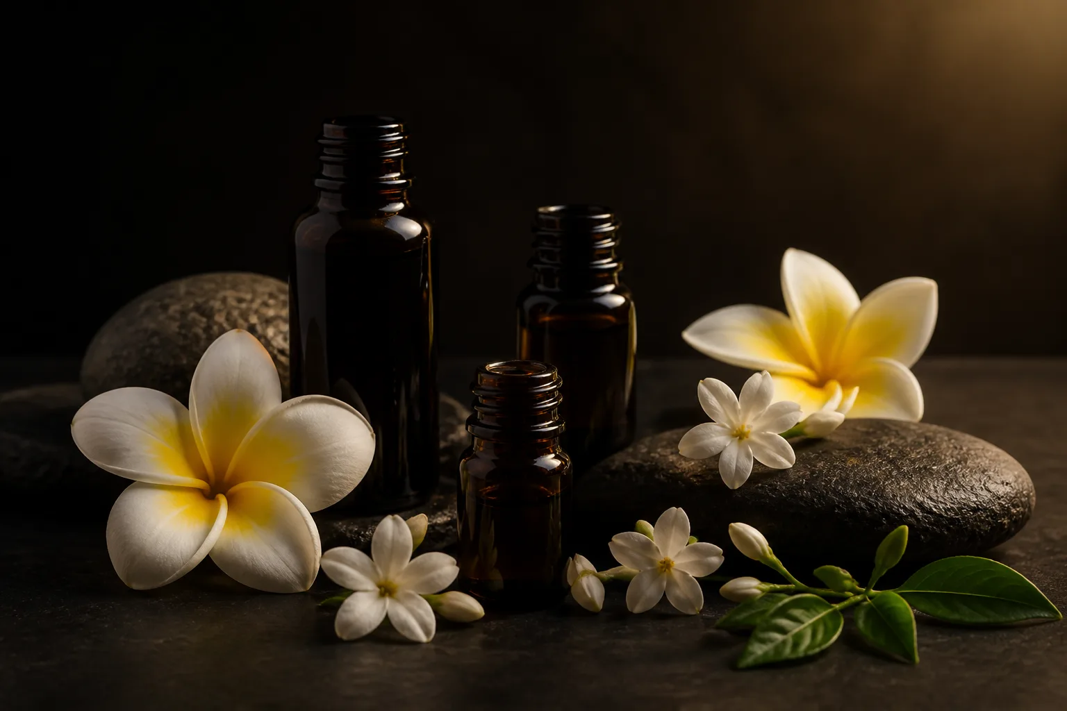 Frangipani, jasmine and ylang ylang oil blends in small bottles