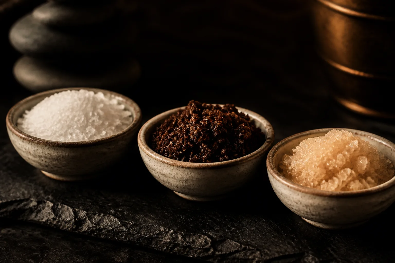 Sea salt, coffee ground and sugar scrubs in separate bowls