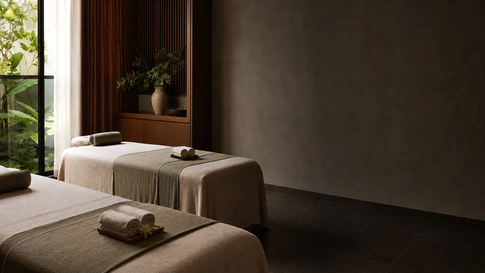 A couples massage room prepared with two treatment beds