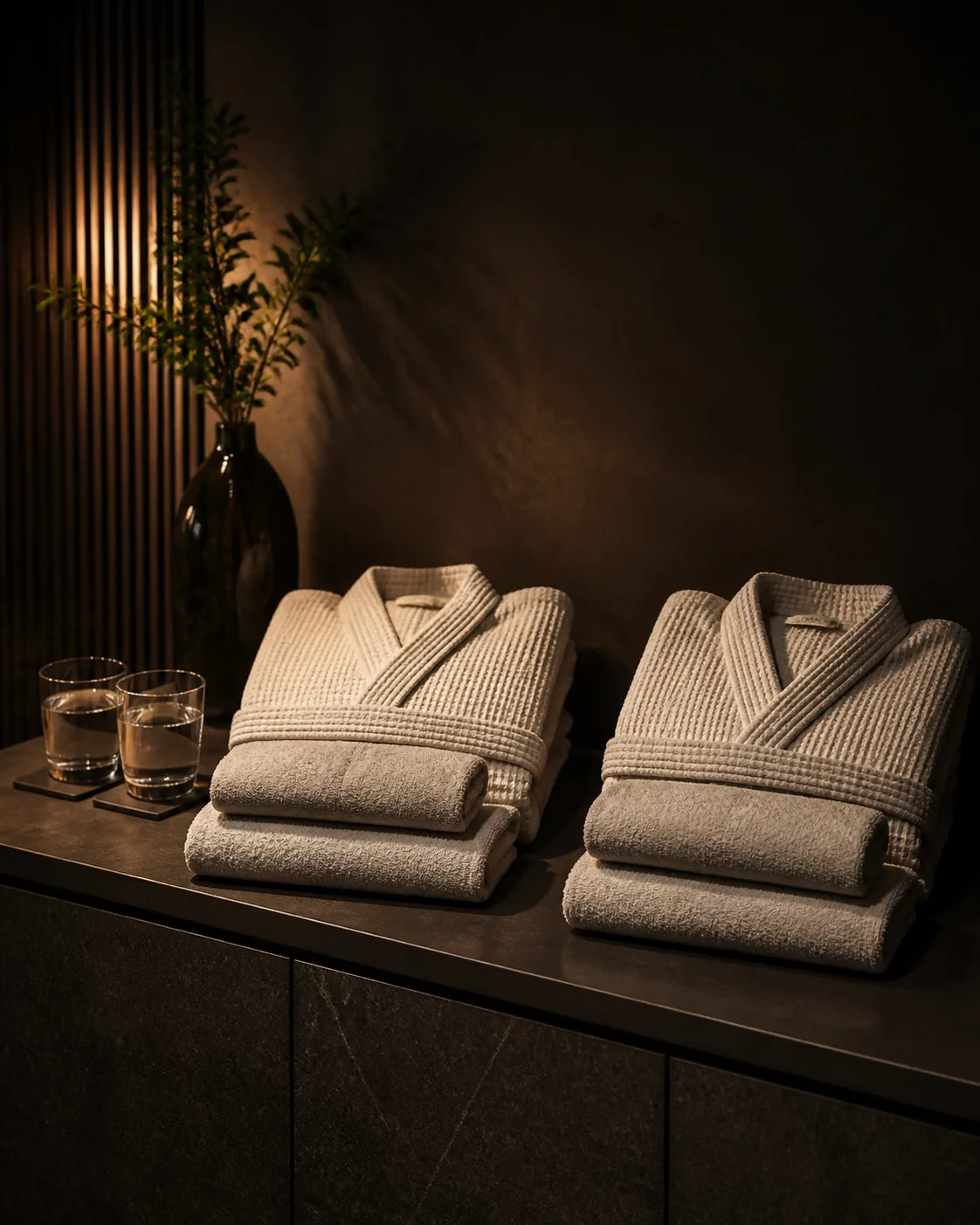 Two robes and towel sets prepared for a couples booking