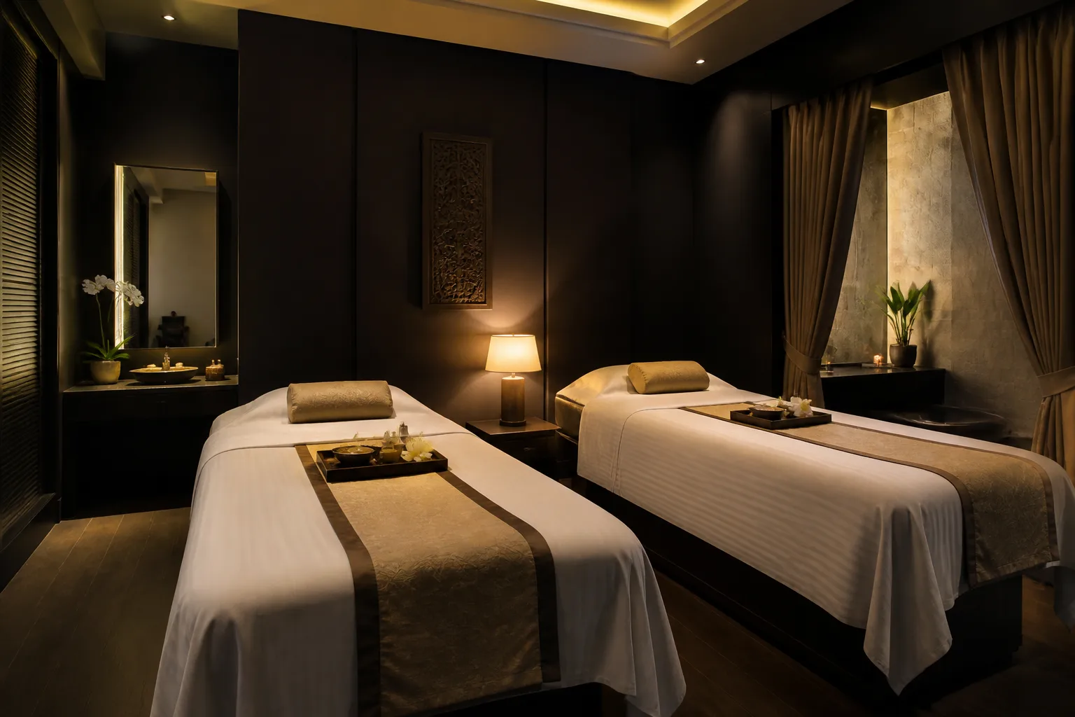 Two massage beds set side by side in a shared treatment room