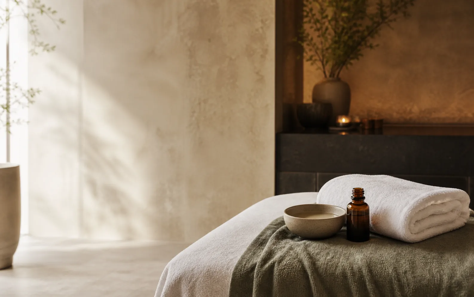 A calm detail from a prepared couples massage room