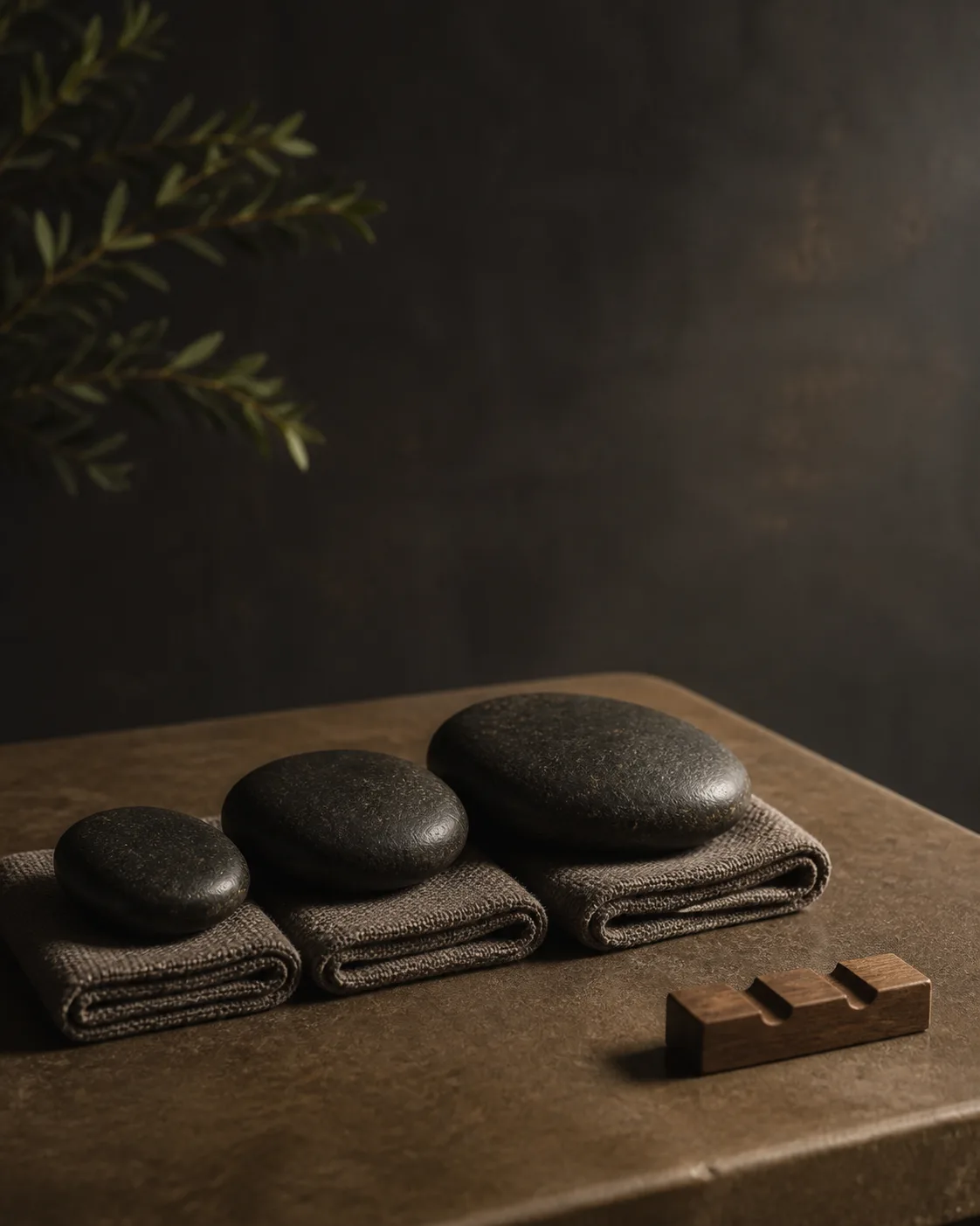 Three smooth stones arranged on folded linen to suggest measured pressure