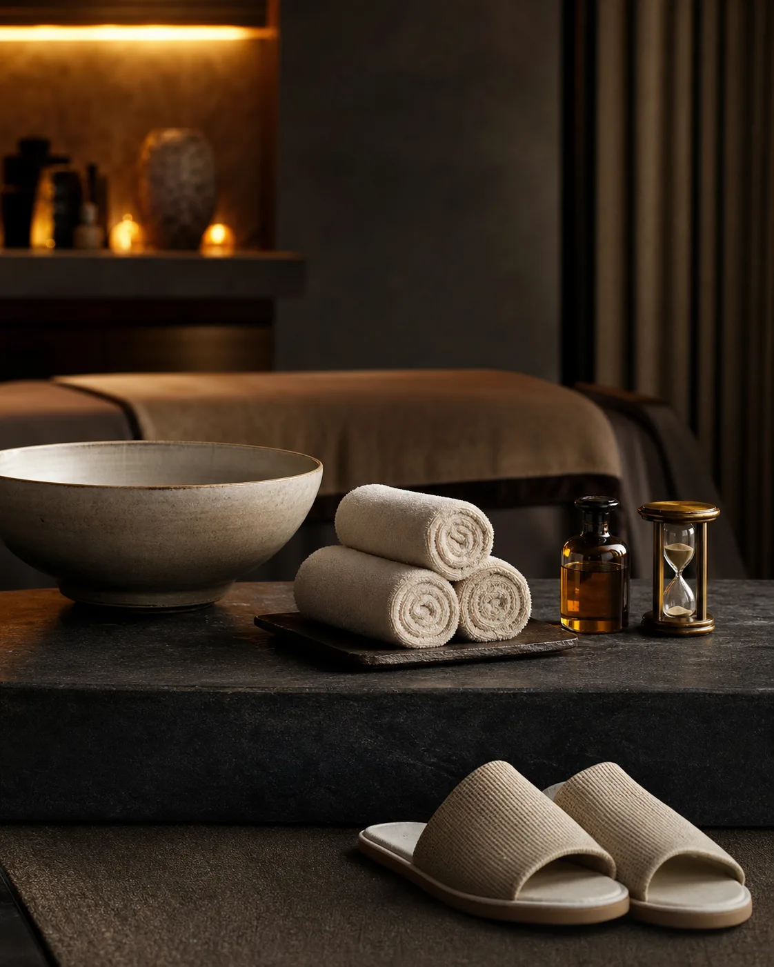 Original illustration of folded linen and a warm treatment bowl
