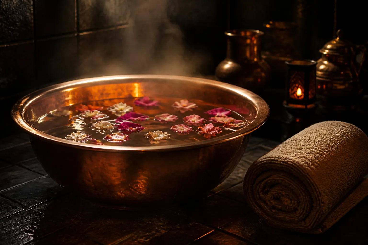 Warm foot soak being prepared before a focused massage session
