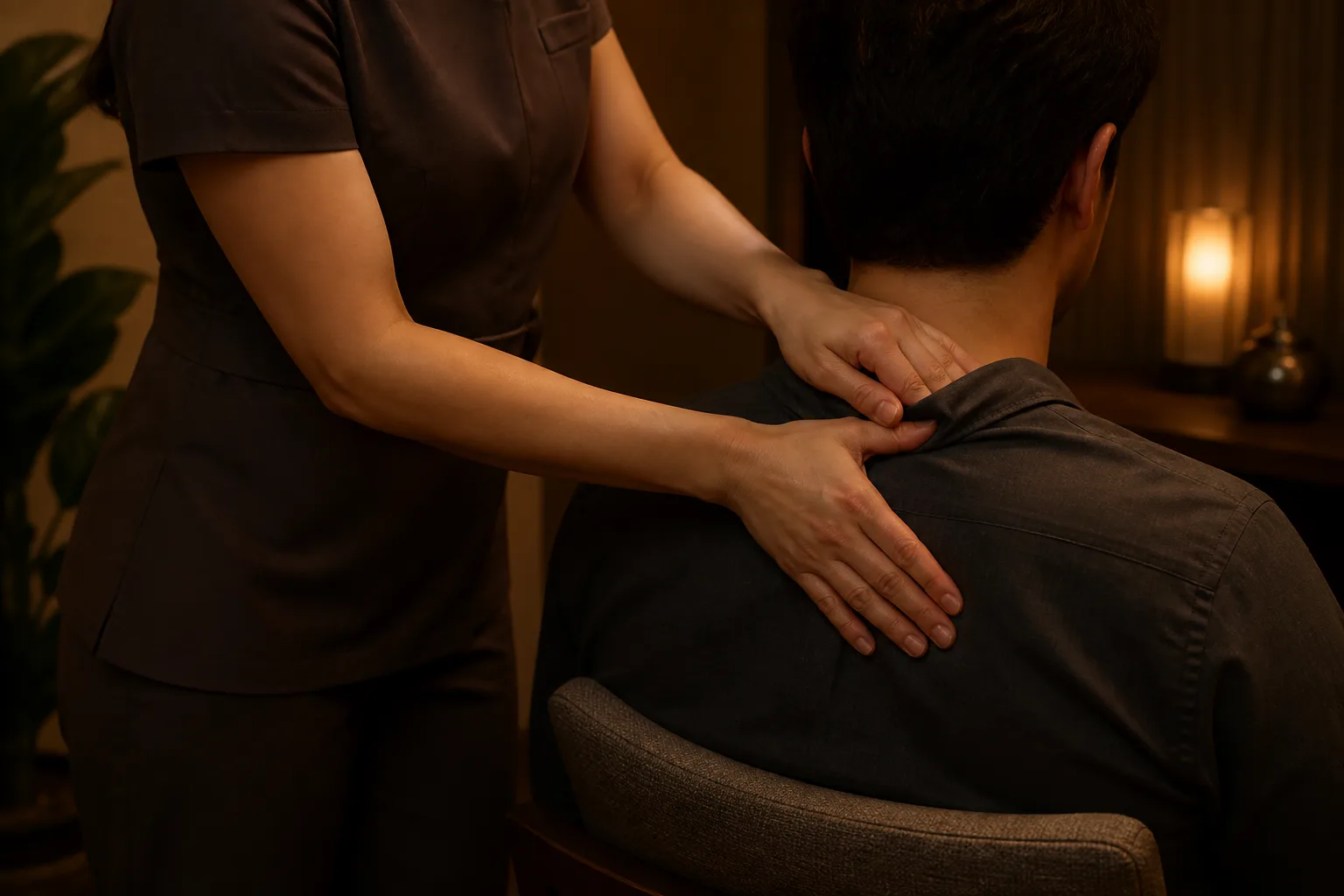 Therapist working along the trapezius and base of the neck