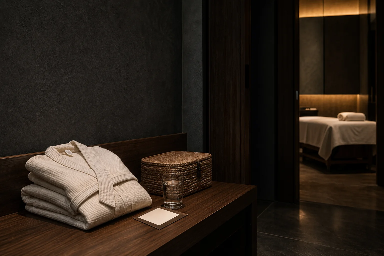 A robe, personal-belongings basket and water prepared before a session