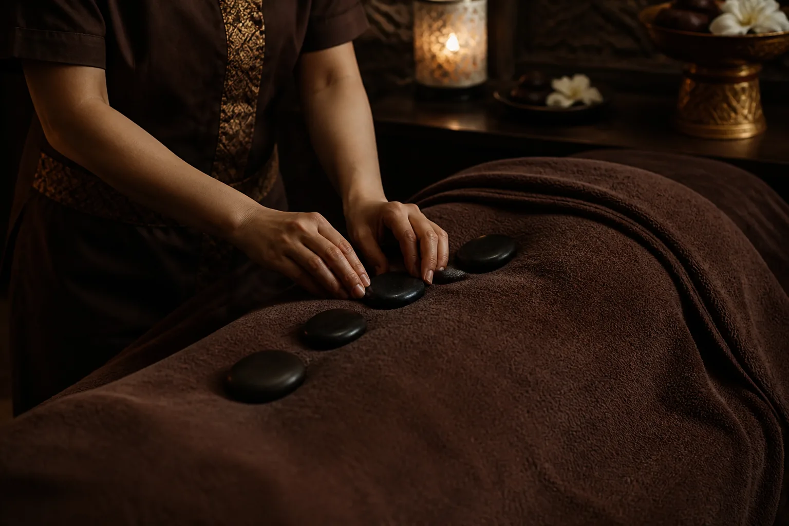 Warm stones placed in a line along an oiled back