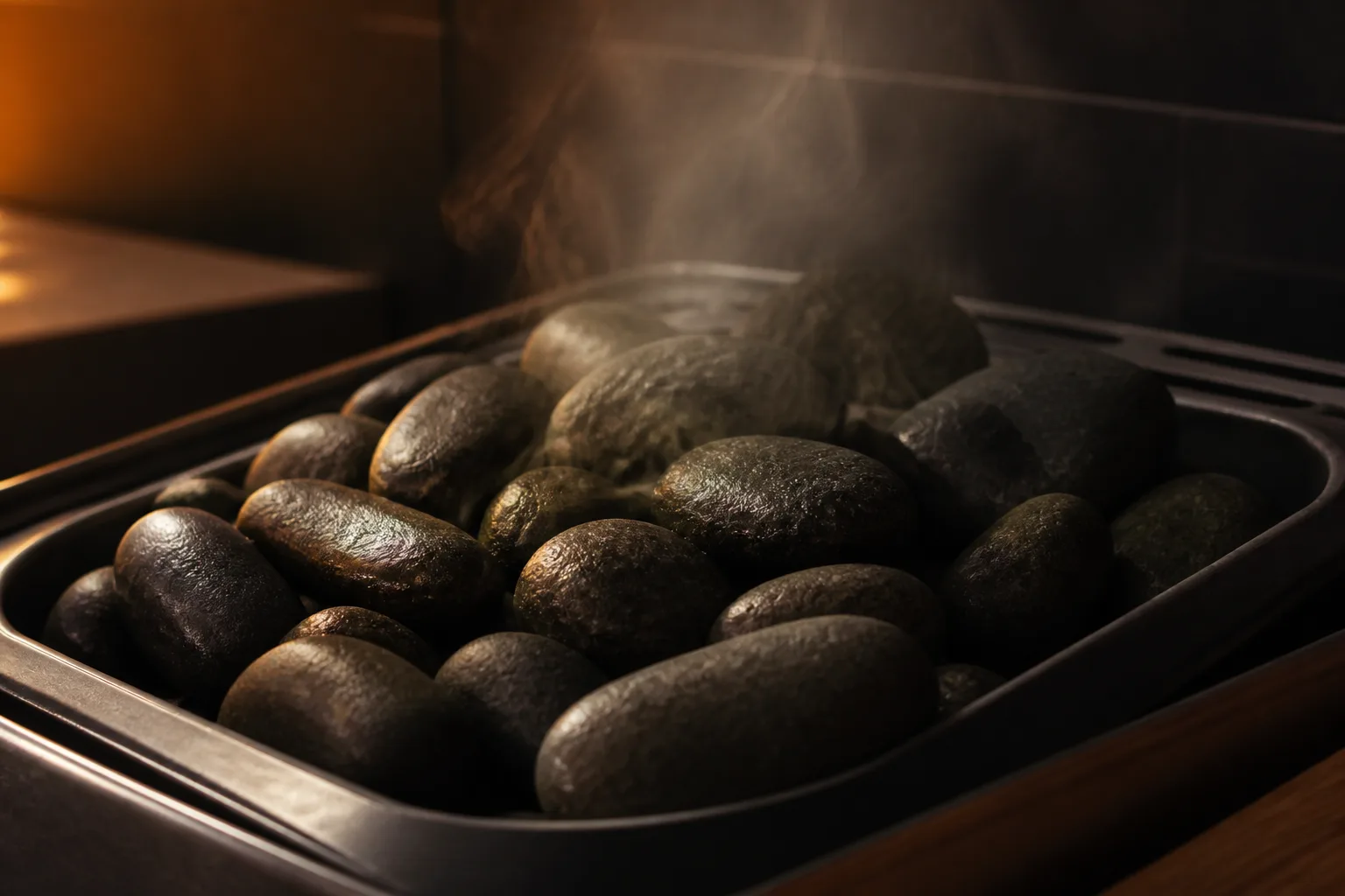 Basalt stones warming in a controlled temperature water bath