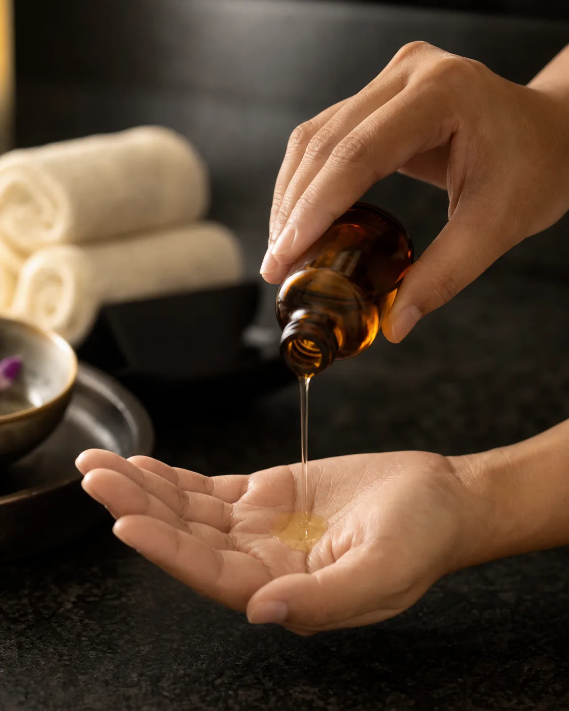 Abstract illustration of warm massage oil being poured into a small bowl