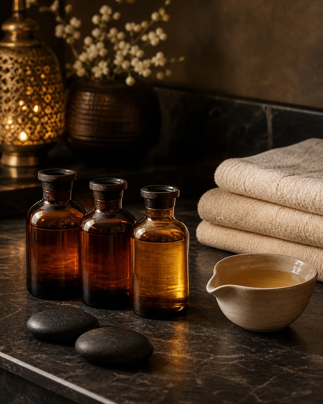 Massage stones and oil bottles arranged for a treatment