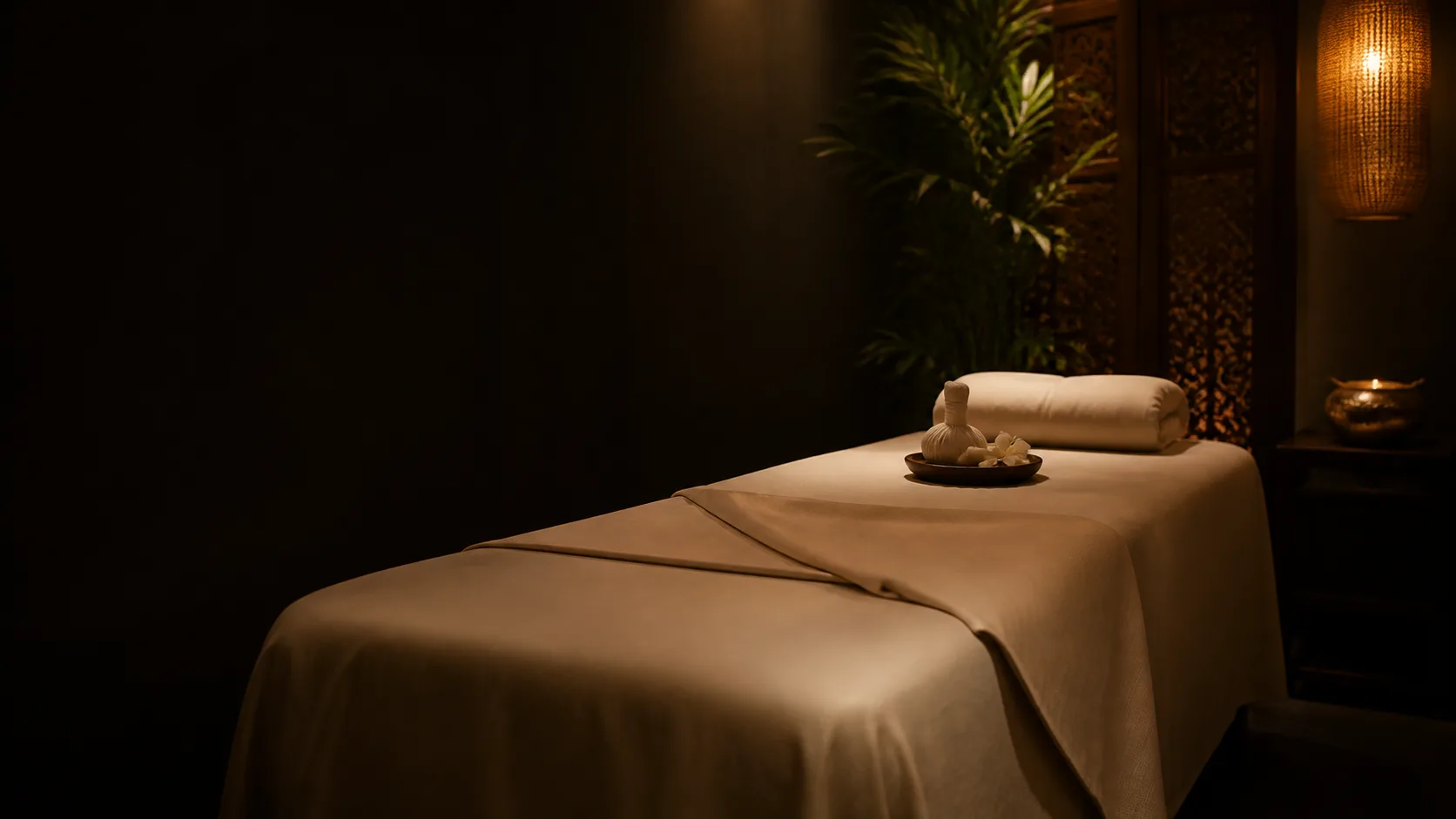 A draped massage bed prepared for a Swedish massage session