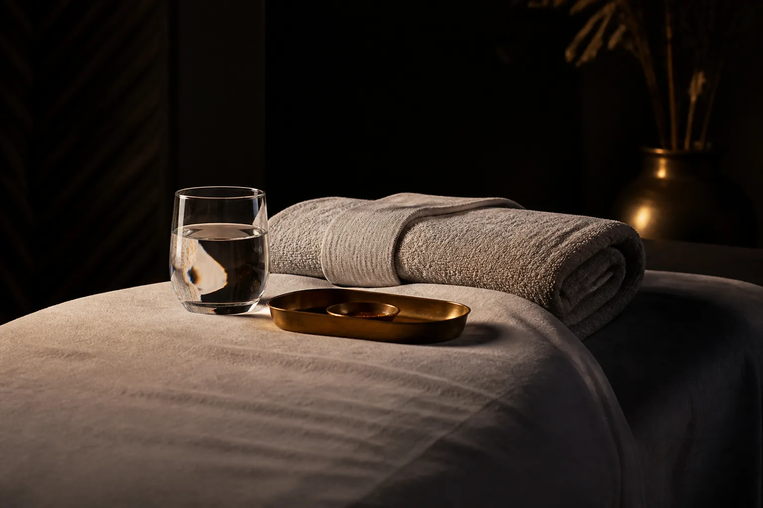 A folded towel and water glass set out after a session