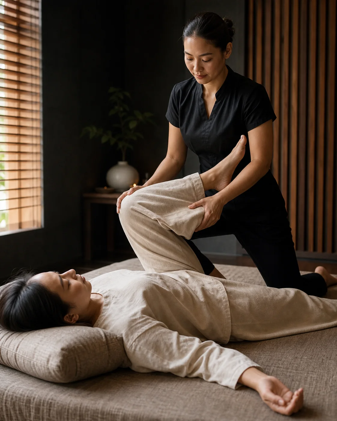 Practitioner supporting a clothed client's leg during assisted movement