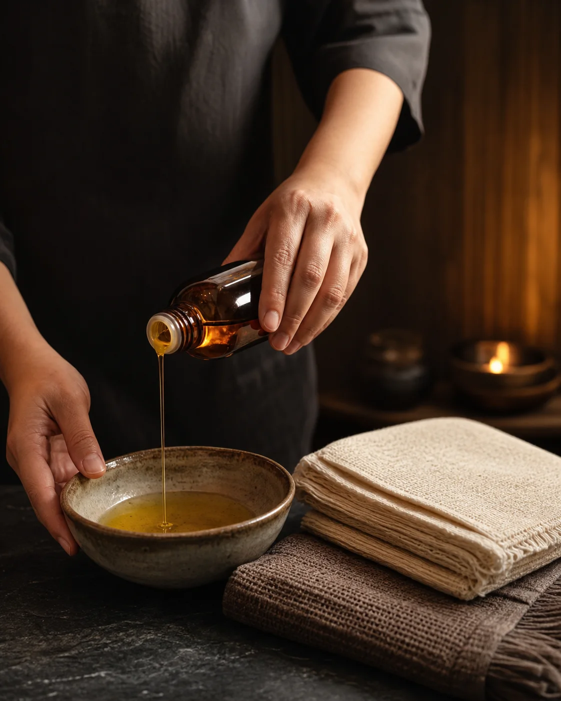Massage oil being poured beside folded professional linens