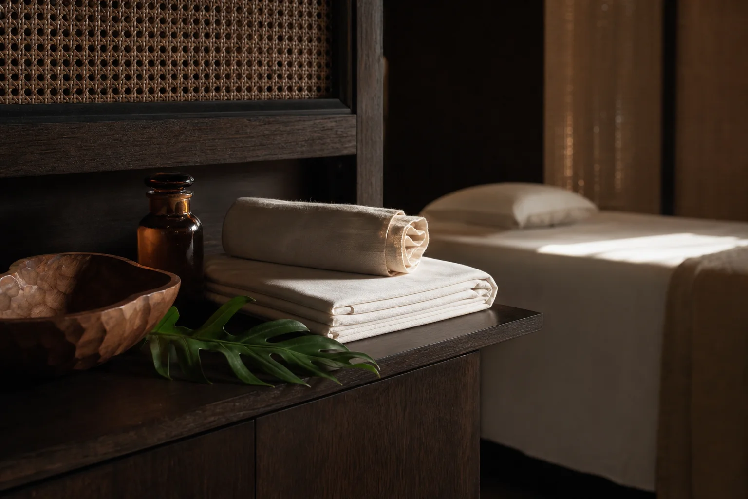 Clean linens, a wrap and an unlabelled oil bottle prepared for a massage